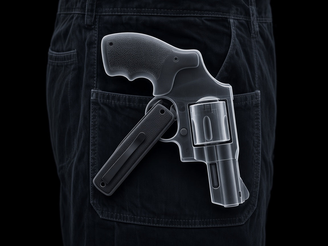 X-ray view of Russ’s right front pocket: a hammerless revolver carried grip up, and a closed folding knife with its end inside the trigger guard